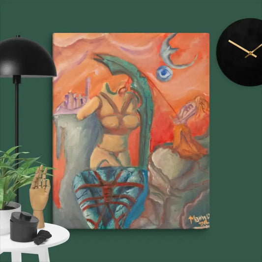Surreal dreamscape painting art featuring a dragon-like figure with a human torso