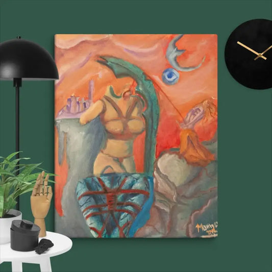 Surreal dreamscape painting art featuring a dragon-like figure with a human torso