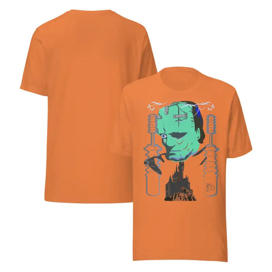 Orange t-shirt featuring Matthew Dye art from the Frankenstein’s Awakening unisex collection