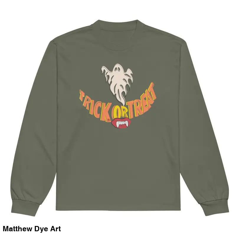 Olive green long sleeve shirt featuring Jack-o’-Lantern graphic for effortless elegance