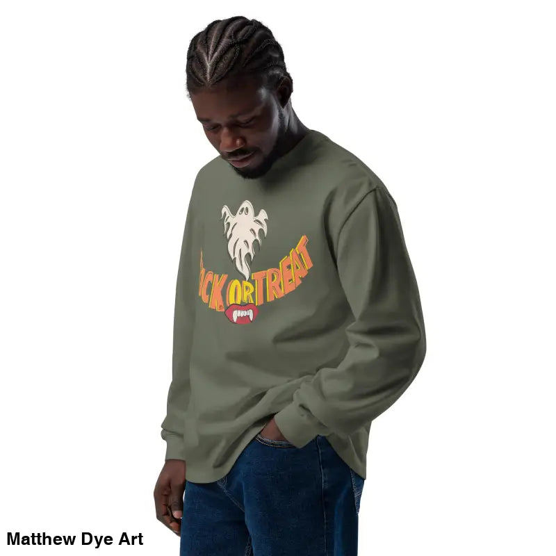 Olive green premium long sleeve shirt featuring vintage Halloween art design