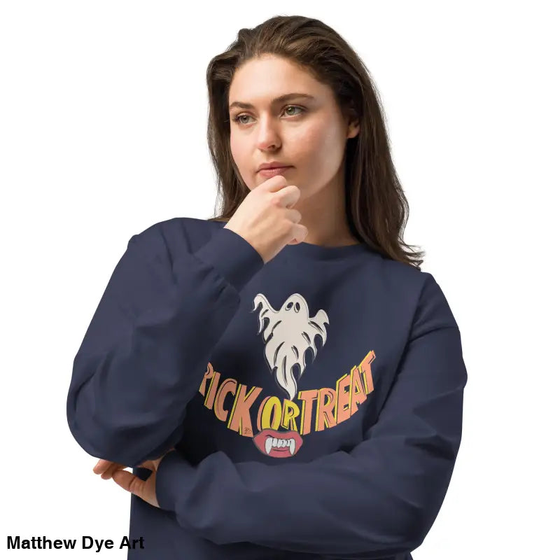 Navy blue Halloween sweatshirt, featuring premium long sleeve for effortless elegance