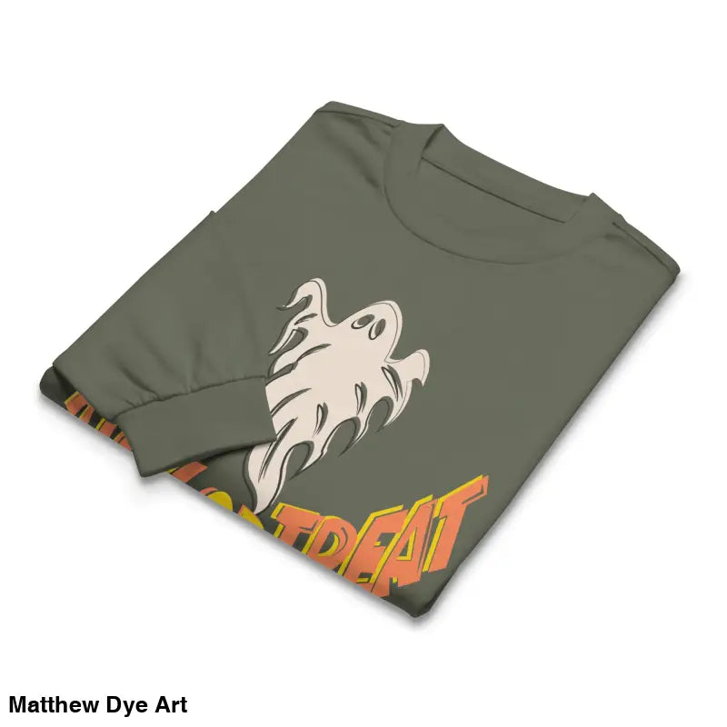 Folded olive-green long sleeve shirt featuring ghost graphic, showcasing effortless elegance