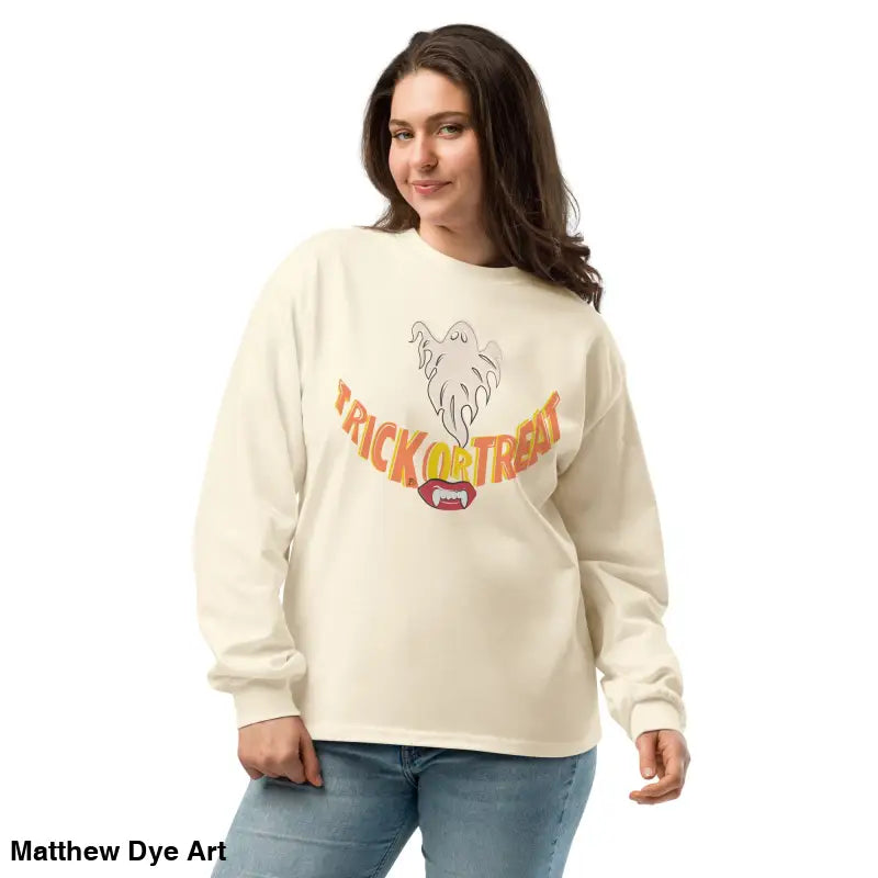Woman showcasing effortless elegance in a premium long sleeve Jack-o’-Lantern Glow shirt