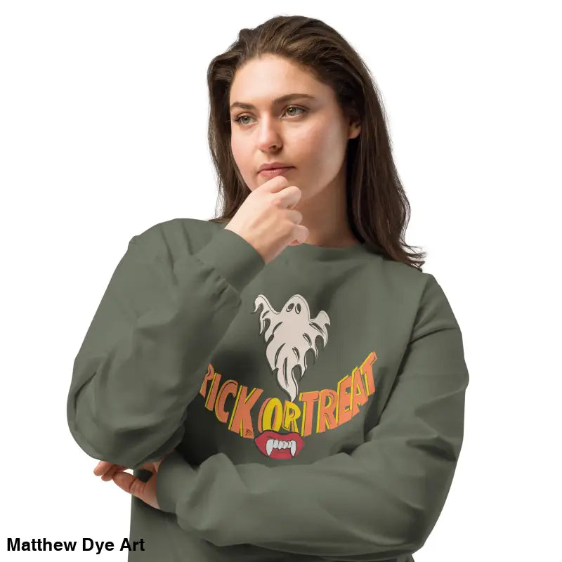 Olive green Halloween sweatshirt featuring Jack-o’-Lantern Glow vintage art, premium long sleeve