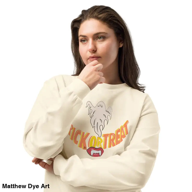 Woman in a premium long sleeve shirt featuring Jack-o’-Lantern Glow Halloween art