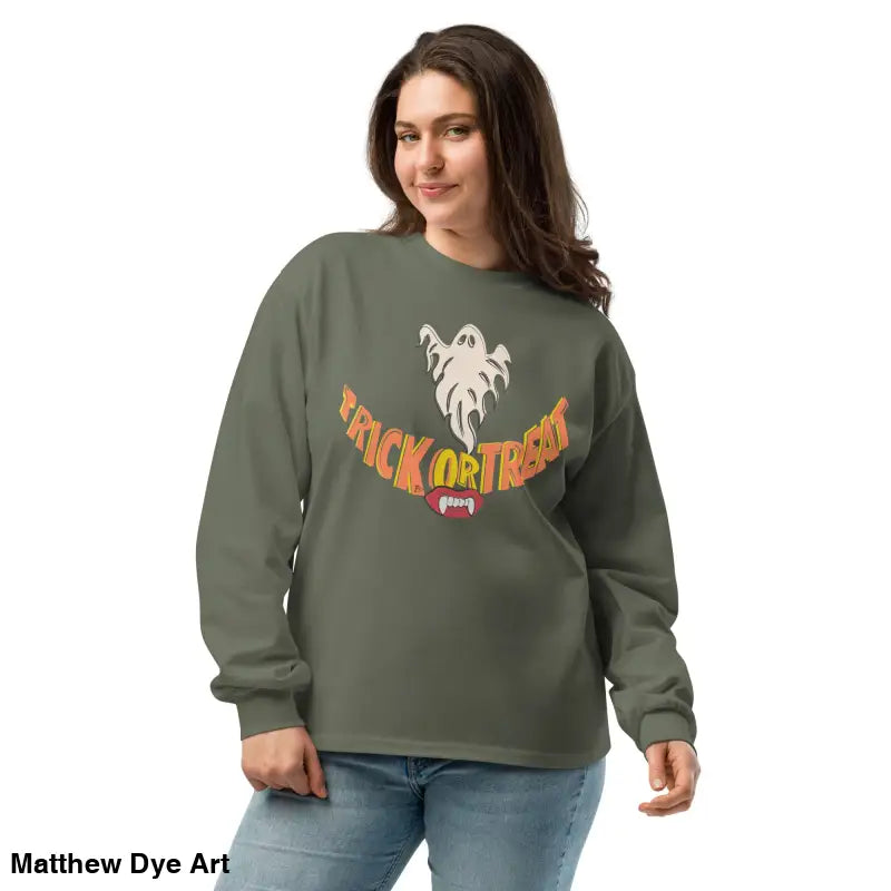 Olive green Halloween sweatshirt from Jack-o’-Lantern Glow Premium Long Sleeve collection