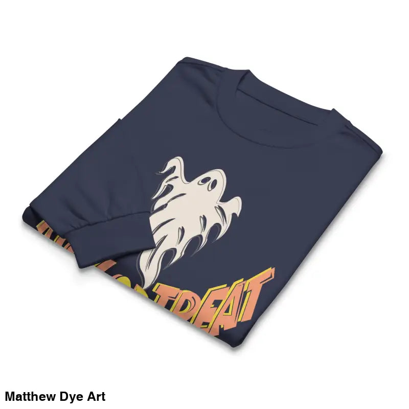 Folded navy blue Halloween sweatshirt, a premium long sleeve shirt featuring Jack-o’-Lantern Glow