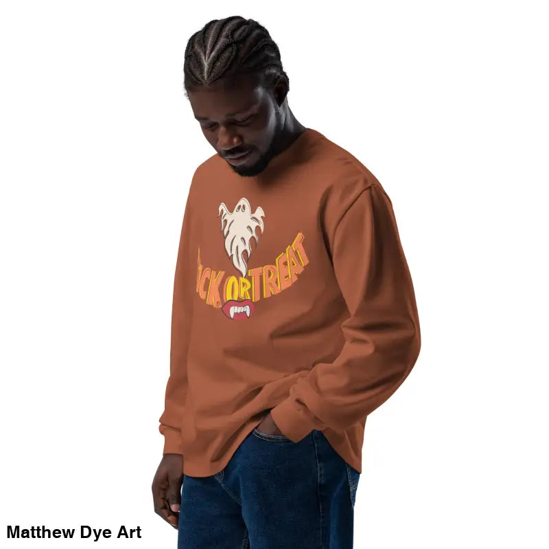 Brown long sleeve shirt featuring Halloween graphic, perfect for effortless elegance