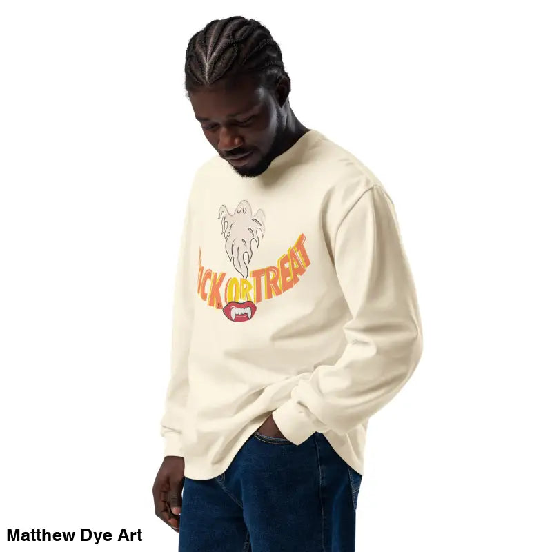 Cream-colored premium long sleeve shirt featuring Halloween-themed graphic for effortless elegance