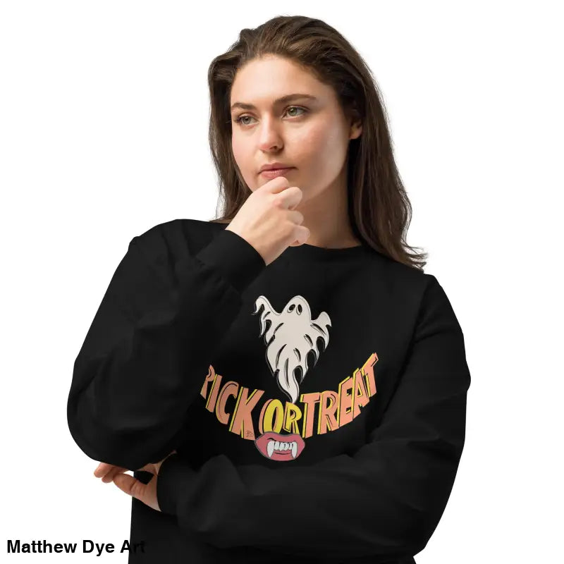 Black Halloween sweatshirt featuring premium long sleeve design for effortless elegance