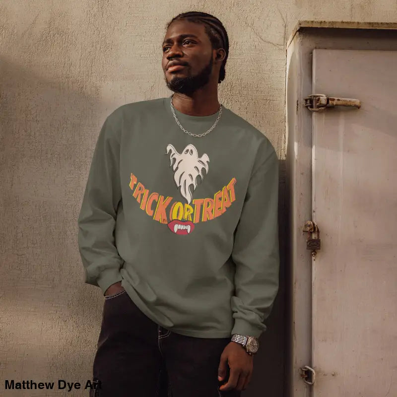 Olive green premium long sleeve shirt featuring Jack-o’-Lantern Glow Halloween graphic