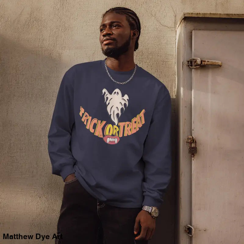 Navy blue Halloween sweatshirt showcasing effortless elegance in a premium long sleeve design