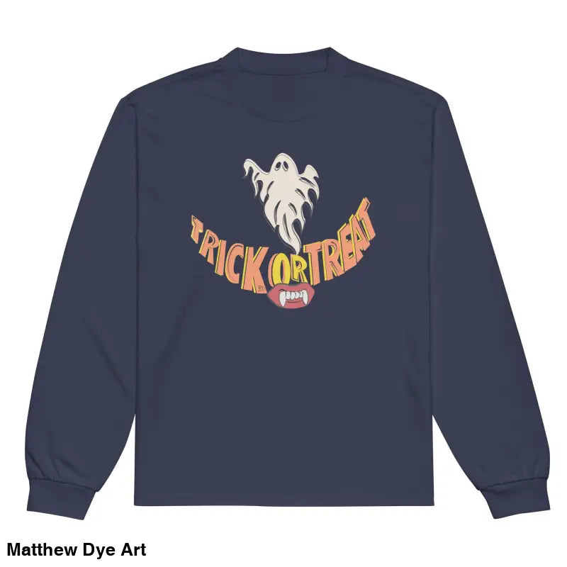 Navy long sleeve shirt featuring Jack-o’-Lantern Glow vintage Halloween art for effortless elegance