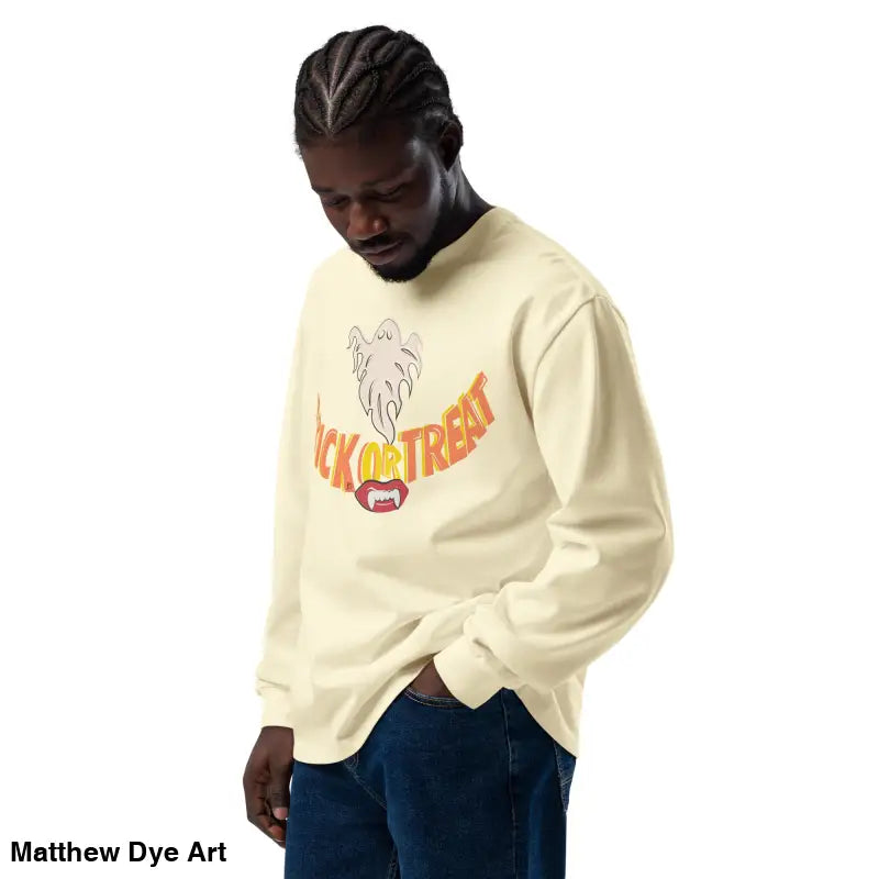 Cream-colored premium long sleeve shirt featuring a vintage Halloween graphic design