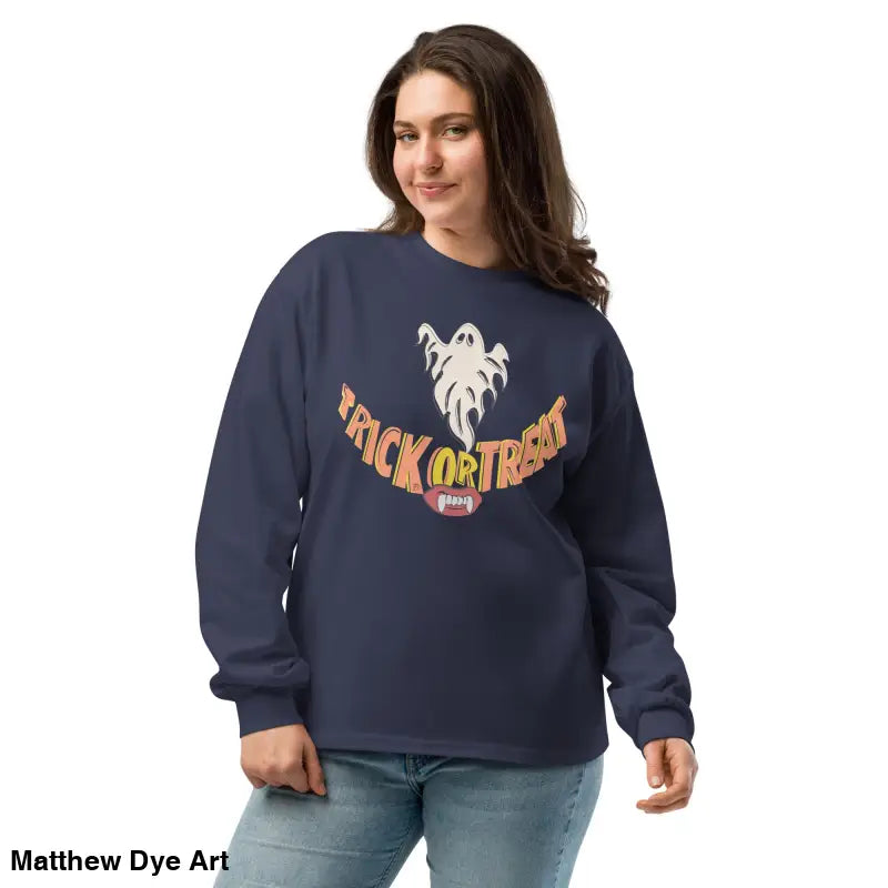 Navy blue Halloween sweatshirt featuring premium long sleeve for effortless elegance