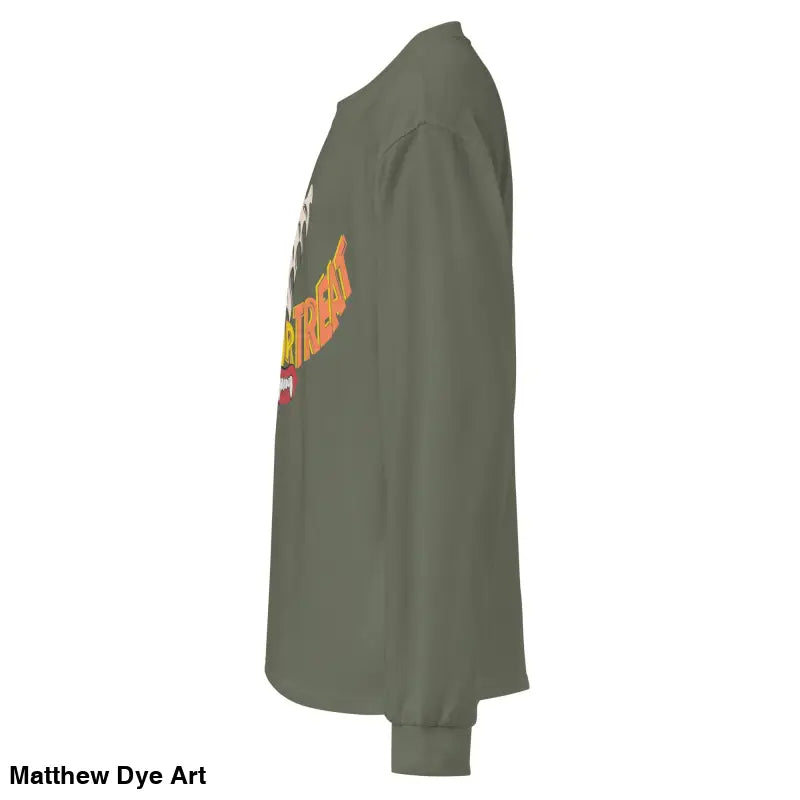 Olive green long sleeve shirt showcasing effortless elegance in Jack-o’-Lantern Glow design