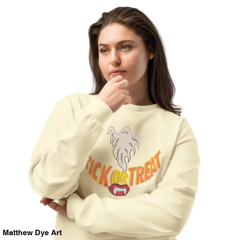 Woman in a Trick or Treat sweatshirt featuring premium long sleeve design for Halloween