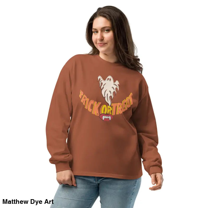 Woman modeling a premium long sleeve shirt featuring vintage Halloween art design