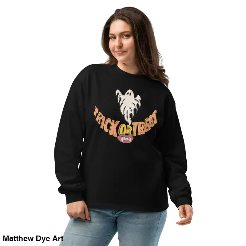 Black long-sleeved Halloween sweatshirt featuring vintage art for effortless elegance