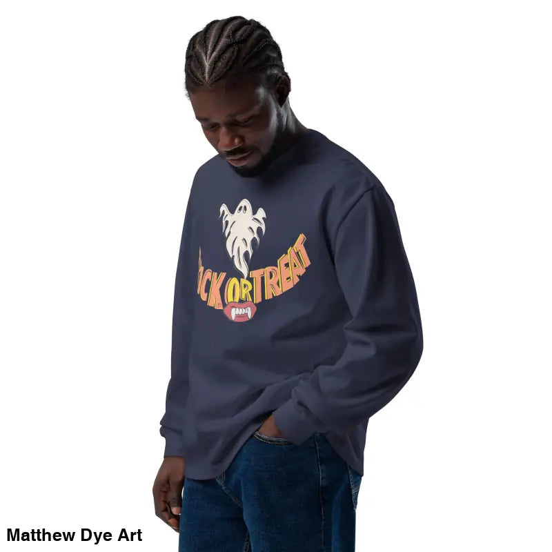 Navy blue Halloween sweatshirt in premium long sleeve featuring vintage Jack-o’-Lantern art