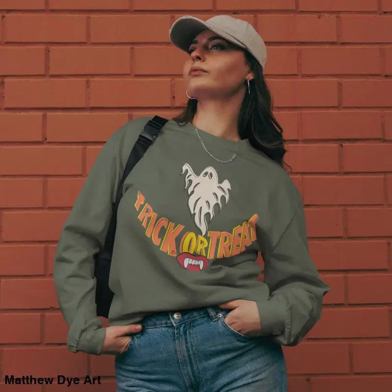 Olive green premium long sleeve shirt featuring Jack-o’-Lantern Glow Halloween art