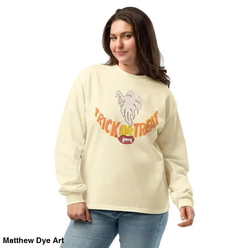 Woman showcasing effortless elegance in a premium long sleeve Halloween sweatshirt