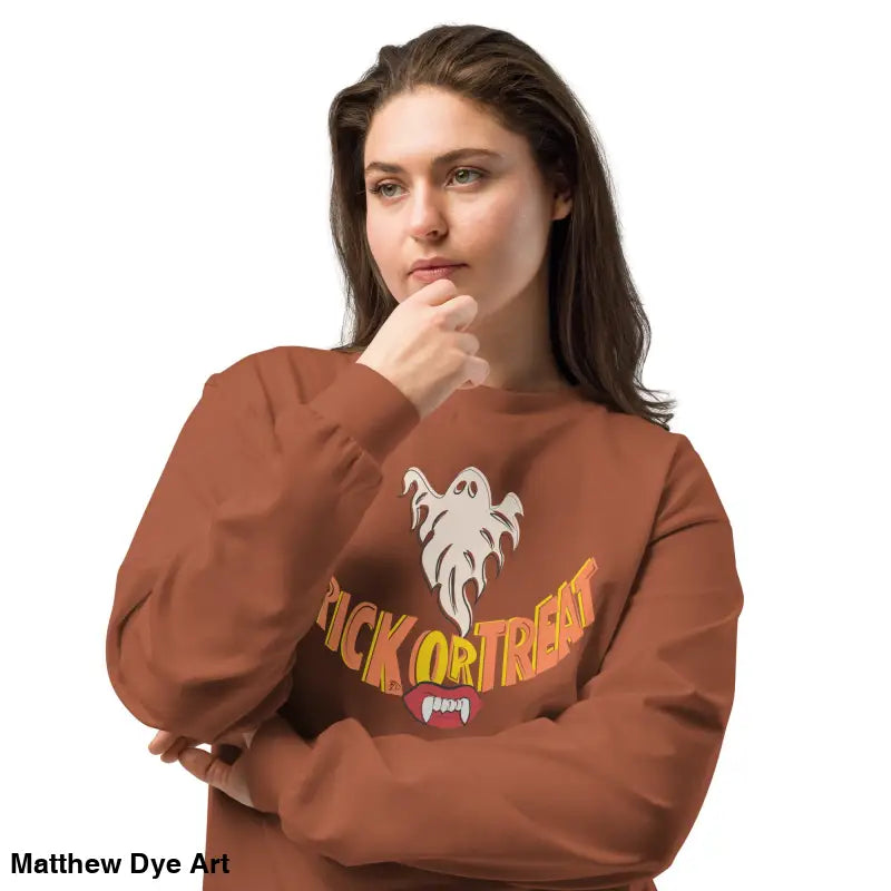 Brown Halloween sweatshirt featuring Jack-o’-Lantern Glow design on premium long sleeve shirt