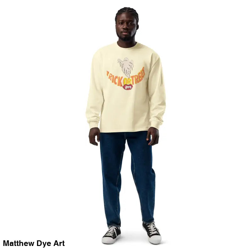 Man in a vintage Halloween art long sleeve shirt showcasing effortless elegance
