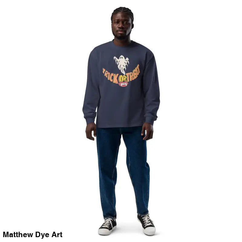 Man in premium long sleeve shirt showcasing Jack-o’-Lantern Glow Halloween theme