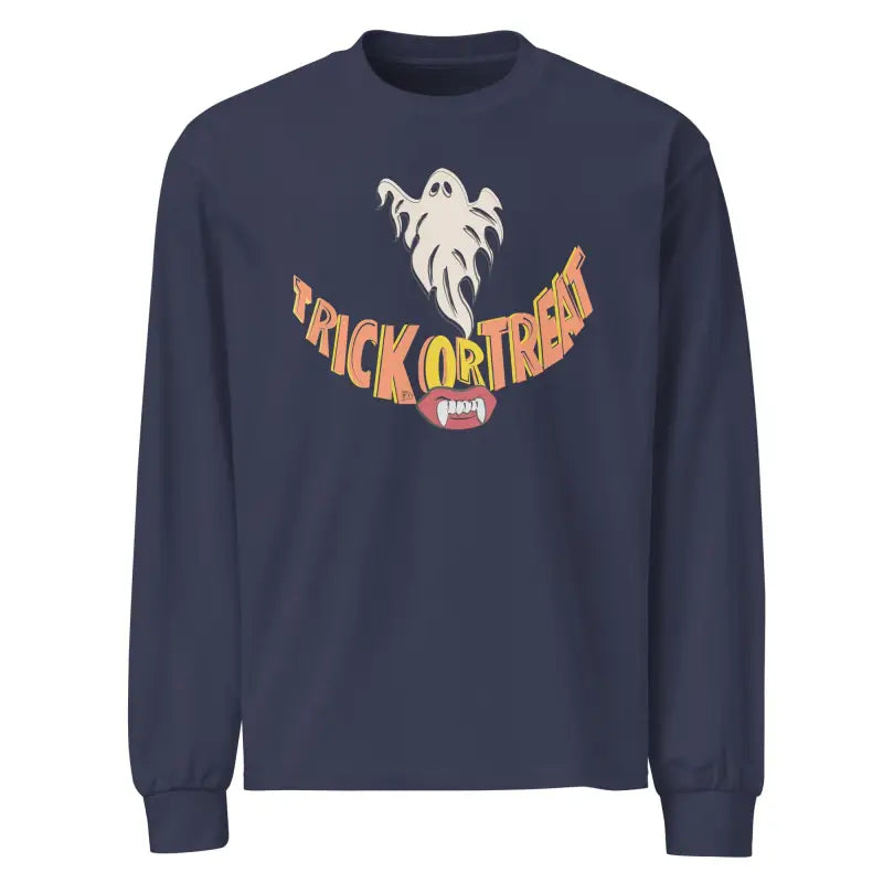 Navy blue premium long sleeve shirt featuring Jack-o’-Lantern Glow Halloween graphic