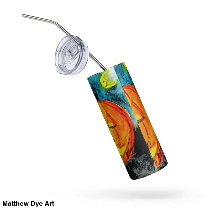 Halloween-themed tumbler featuring jack-o’-lantern stainless steel and crescent moon design