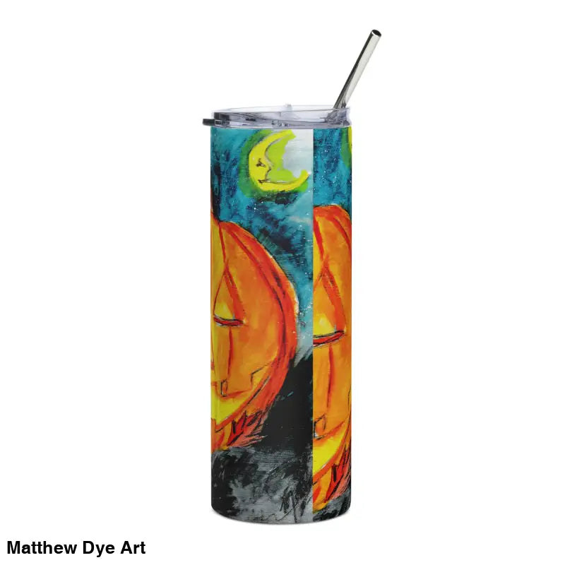 Halloween-themed tumbler with straw featuring Matthew Dye Art and Jack-o’-Lantern design