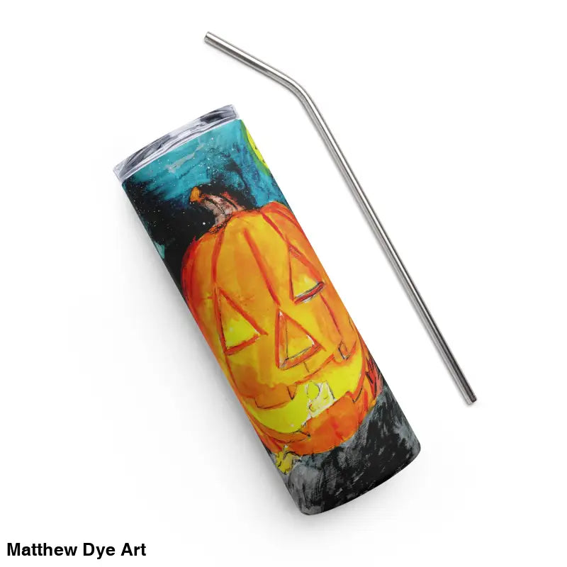 Halloween-themed tumbler with straw featuring Matthew Dye art jack-o’-lantern design