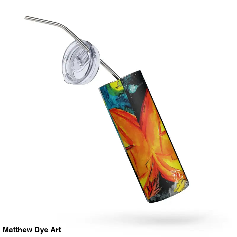 Floral-patterned tumbler with straw featuring Matthew Dye Art and Jack-o’-Lantern design