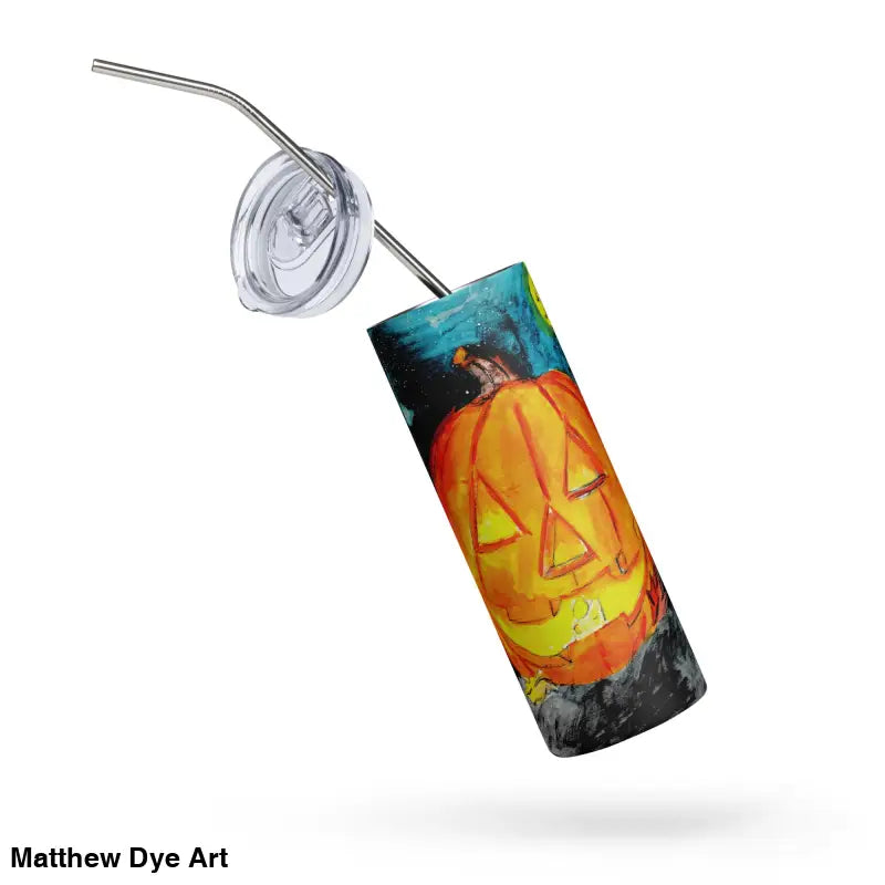 Halloween-themed Jack-o’-Lantern stainless steel tumbler featuring Matthew Dye art