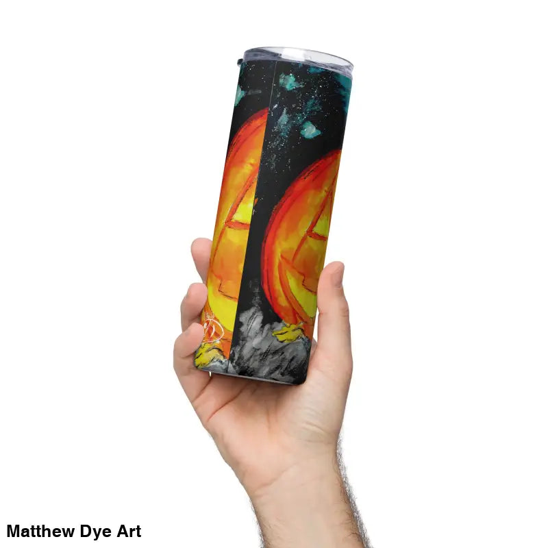 Halloween-themed Jack-o’-Lantern stainless steel tumbler featuring Matthew Dye art