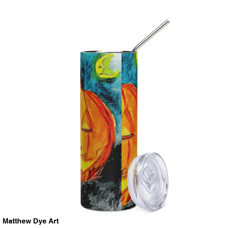 Halloween-themed tumbler featuring Matthew Dye art in a jack-o’-lantern design