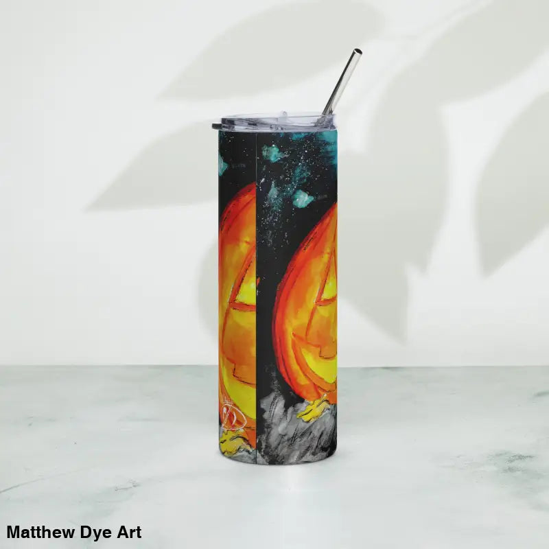 Halloween-themed tumbler featuring Matthew Dye art and jack-o’-lantern stainless steel design