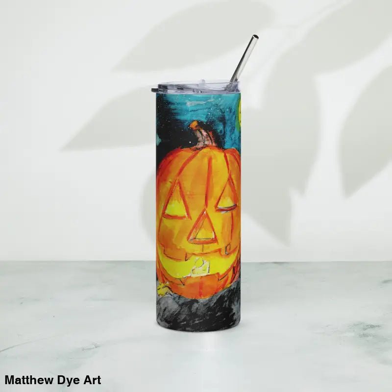 Jack-o’-Lantern Glow Vintage Halloween Tumbler by Matthew Dye Art featuring a crescent moon design