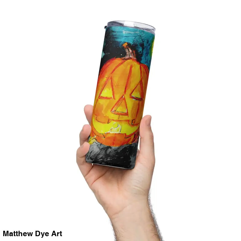 Halloween-themed tumbler featuring Matthew Dye art with jack-o’-lantern stainless steel design