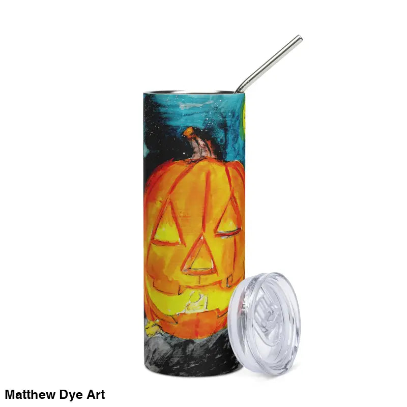 Halloween-themed Jack-o-Lantern stainless steel tumbler with straw by Matthew Dye Art
