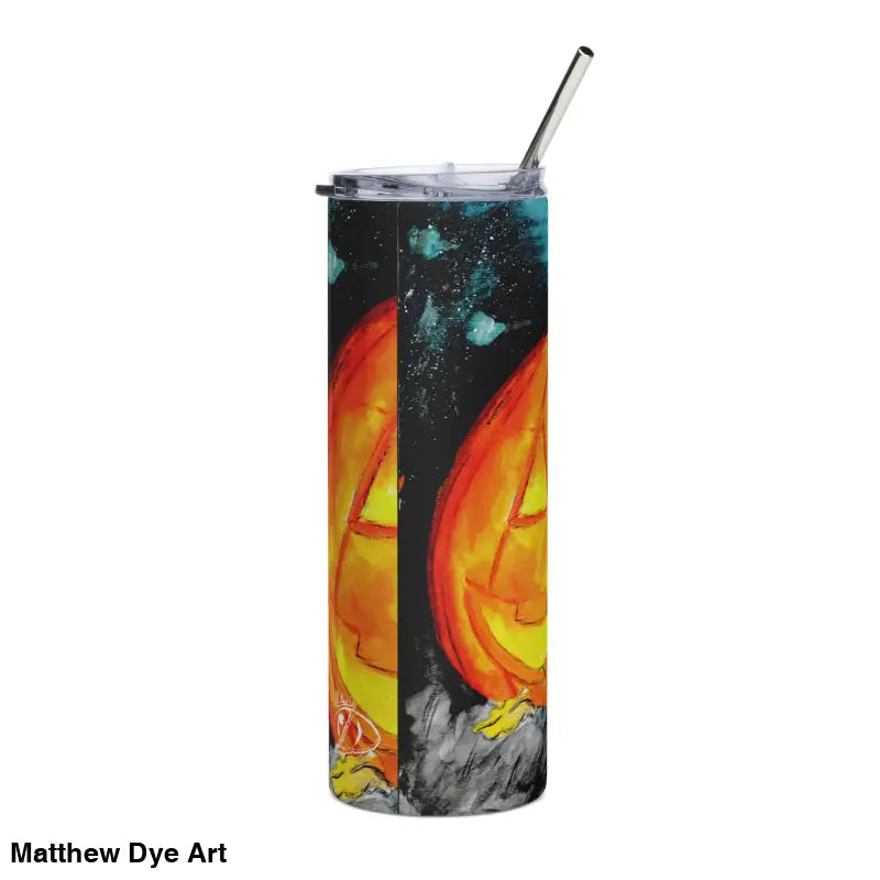 Halloween-themed tumbler with straw featuring Matthew Dye art and jack-o’-lantern design