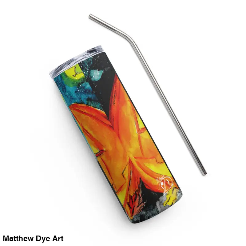 Orange floral tumbler with metal straw, featuring Jack-o’-Lantern stainless steel design