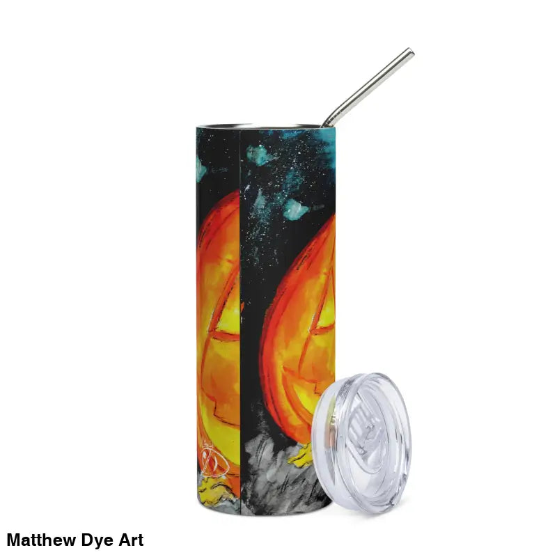 Halloween-themed tumbler with straw and lid featuring Matthew Dye art of a jack-o’-lantern