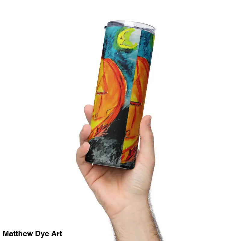 Halloween-themed tumbler featuring Jack-o’-Lantern stainless steel design by Matthew Dye Art