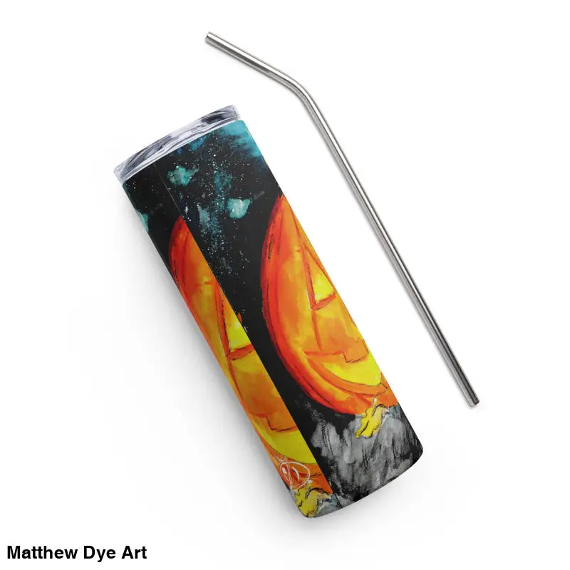 Halloween-themed tumbler with straw featuring Matthew Dye Art and a Jack-o’-Lantern design