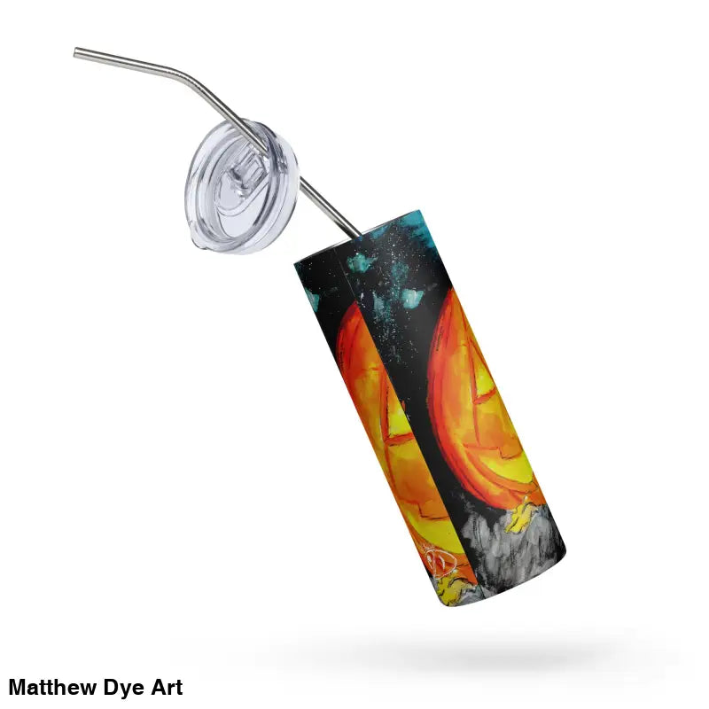 Halloween-themed tumbler with straw featuring Matthew Dye art and a jack-o’-lantern design