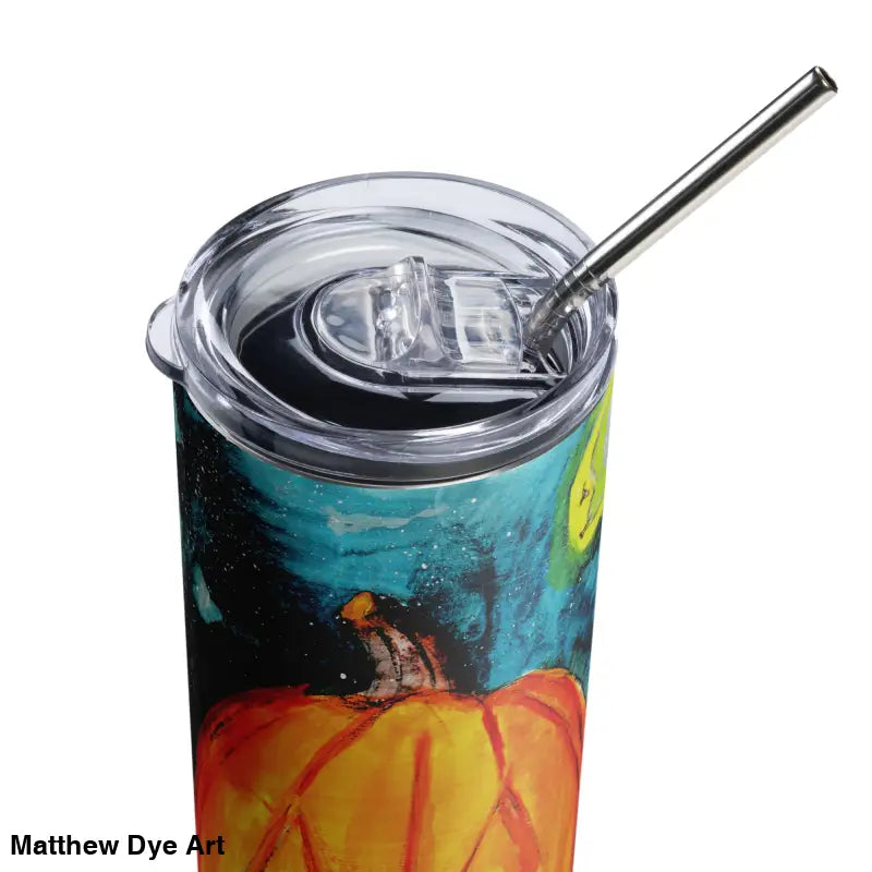 Pumpkin-themed travel tumbler featuring Jack-o’-Lantern stainless steel by Matthew Dye Art