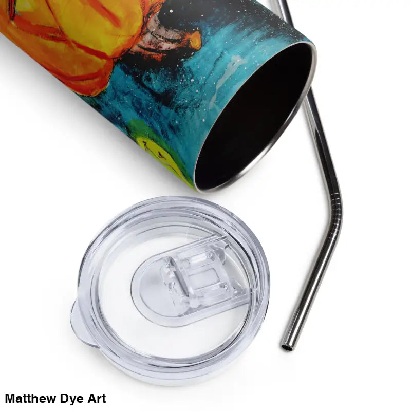 Insulated tumbler with lid and straw featuring Matthew Dye Art in Jack-o’-Lantern design